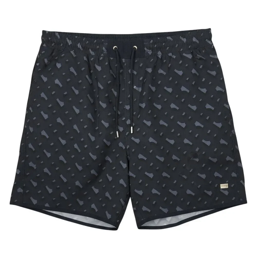 Hugo Boss Navy Blue Geometric Print Swim Trunks Men's XL Mesh Lined Luxury Pool